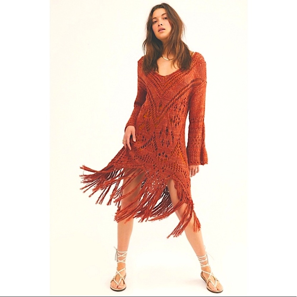 NWT FREE PEOPLE Constellation Crochet Fringe Tunic Dress Mars Dust XS Oversized